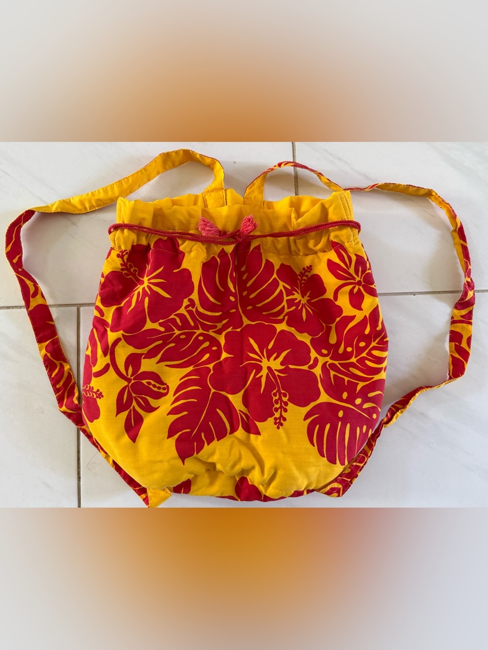 Hawaiian Quilted Backpack Tote with Drawstring Yellow with Red Hibiscus